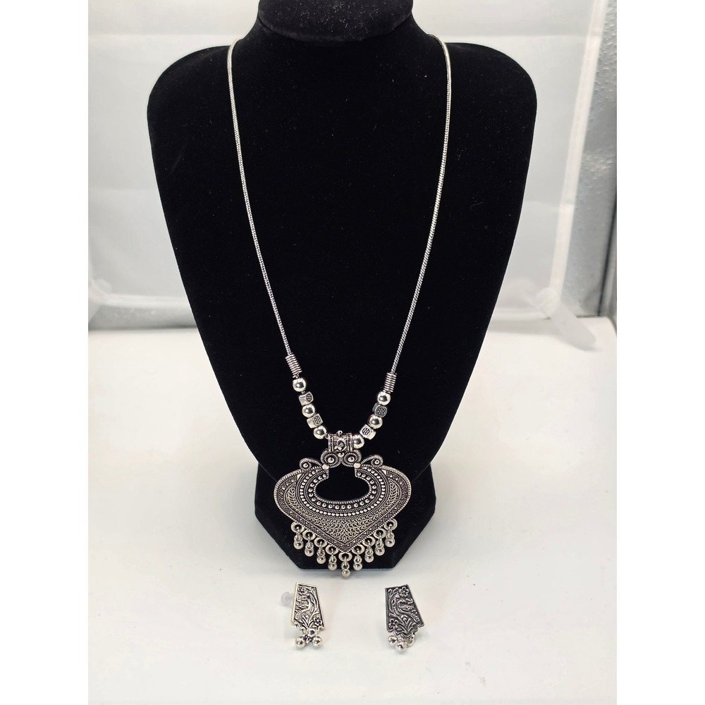 Oxidized Silver Tone Boho Statement Pendant Necklace and Earring Tribal Set